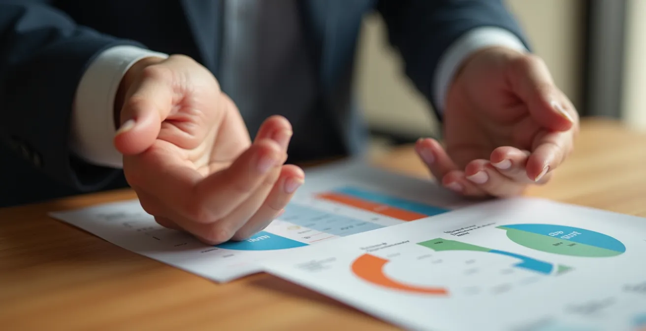 Close-up photographique montrant les mains d'un décideur hésitant face à des documents contractuels abstraits