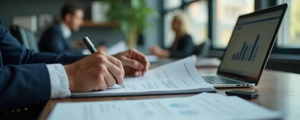 Photographie réaliste d'un courtier en énergie en pleine négociation professionnelle dans un bureau moderne, ambiance lumineuse cinématographique, avec un focus sur des documents contractuels raffinés et un ordinateur portable, composition épurée avec fond clair et espace négatif contrôlé