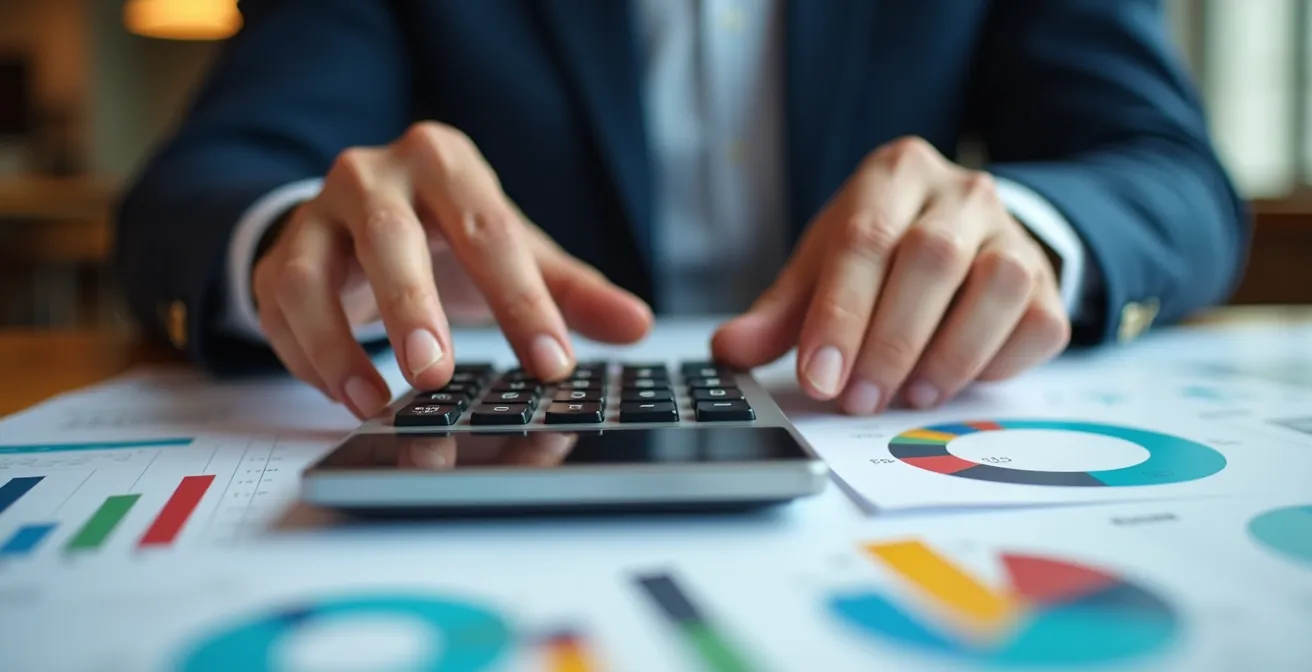 Gros plan mains calculatrice documents abstraits