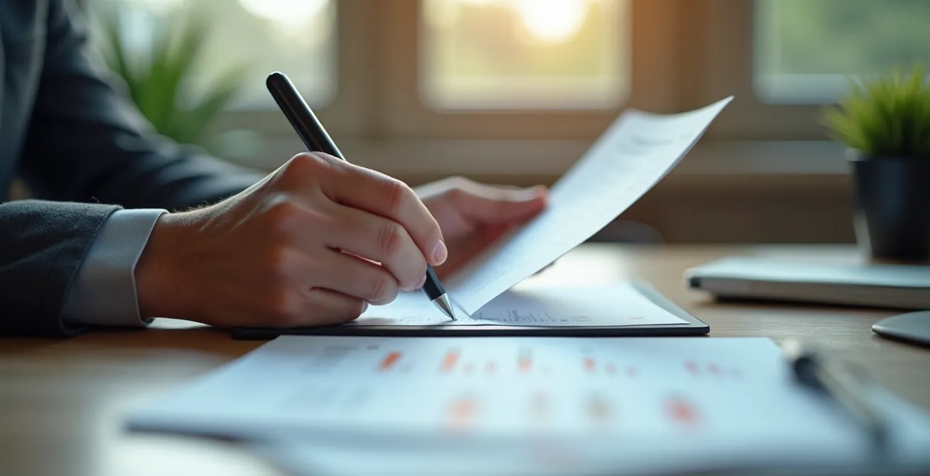 Image conceptuelle montrant une personne examinant des documents et évaluant des options dans un cadre professionnel, lumière naturelle, texte évité, texture douce