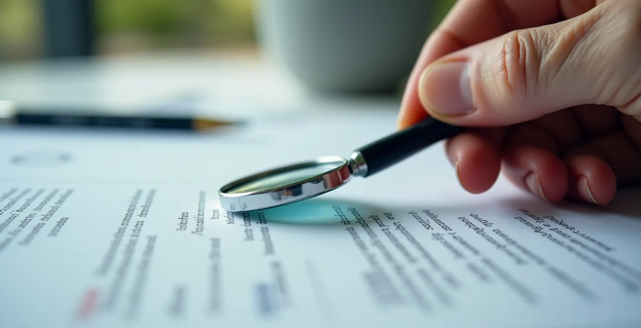 Image macro réaliste d'une main tenant une loupe sur des documents de contrats énergétiques avec textures fines et lumière douce