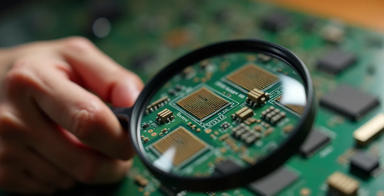 Gros plan sur des mains tenant une loupe examinant des détails de carte de circuit imprimé symbolisant l'analyse énergétique