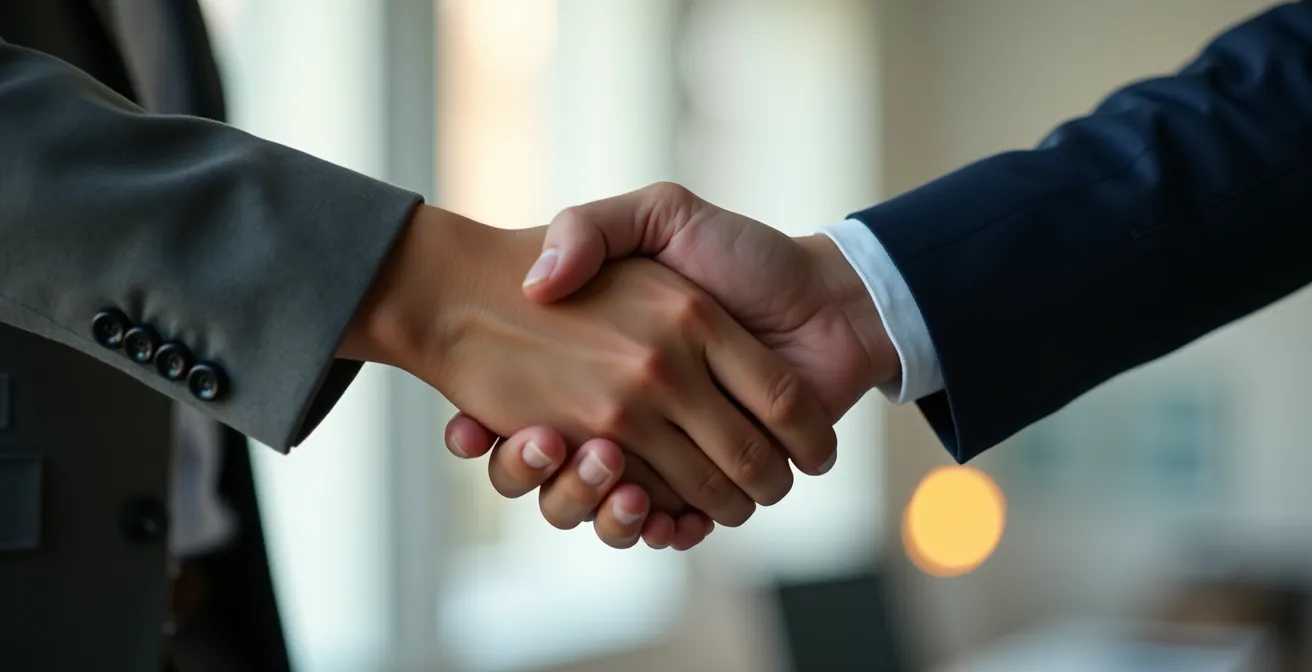 Poignée de main symbolique représentant un partenariat professionnel dans un environnement épuré