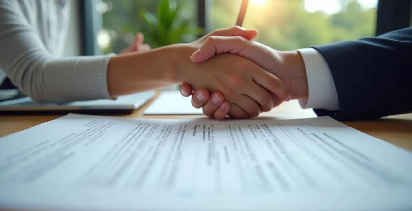 Détail photographique sur une poignée de main professionnelle devant un contrat d'énergie avec des documents et un ordinateur en arrière-plan, lumière naturelle douce, texture réaliste