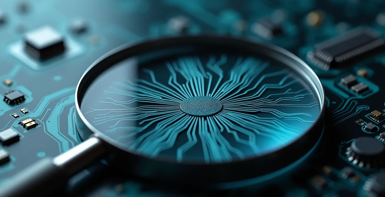 Illustration montrant une loupe examinant une surface de circuit électronique avec détails et textures fines pour représenter le suivi granulaire de la consommation