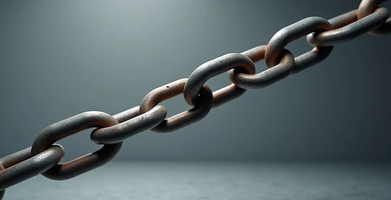Composition abstraite avec chaînes et maillons symbolisant les risques contractuels dans un environnement minimaliste