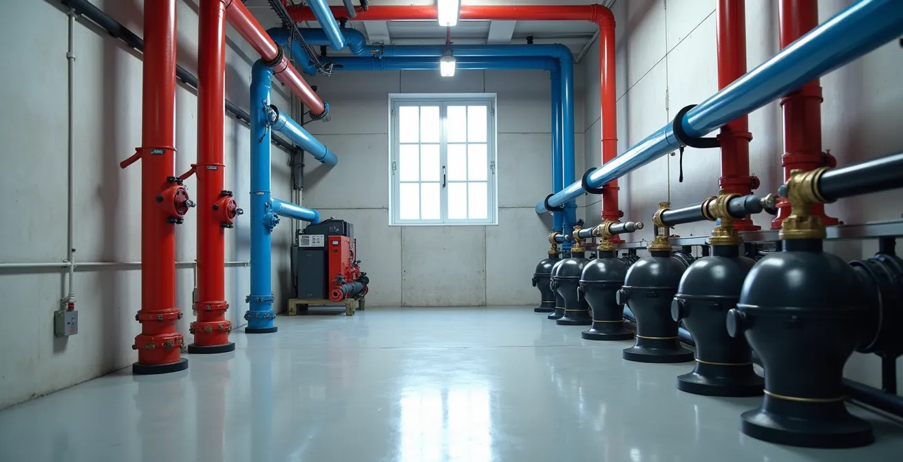 Vue d'ensemble d'une chaufferie collective avec focus sur les vannes et la tuyauterie calorifugée