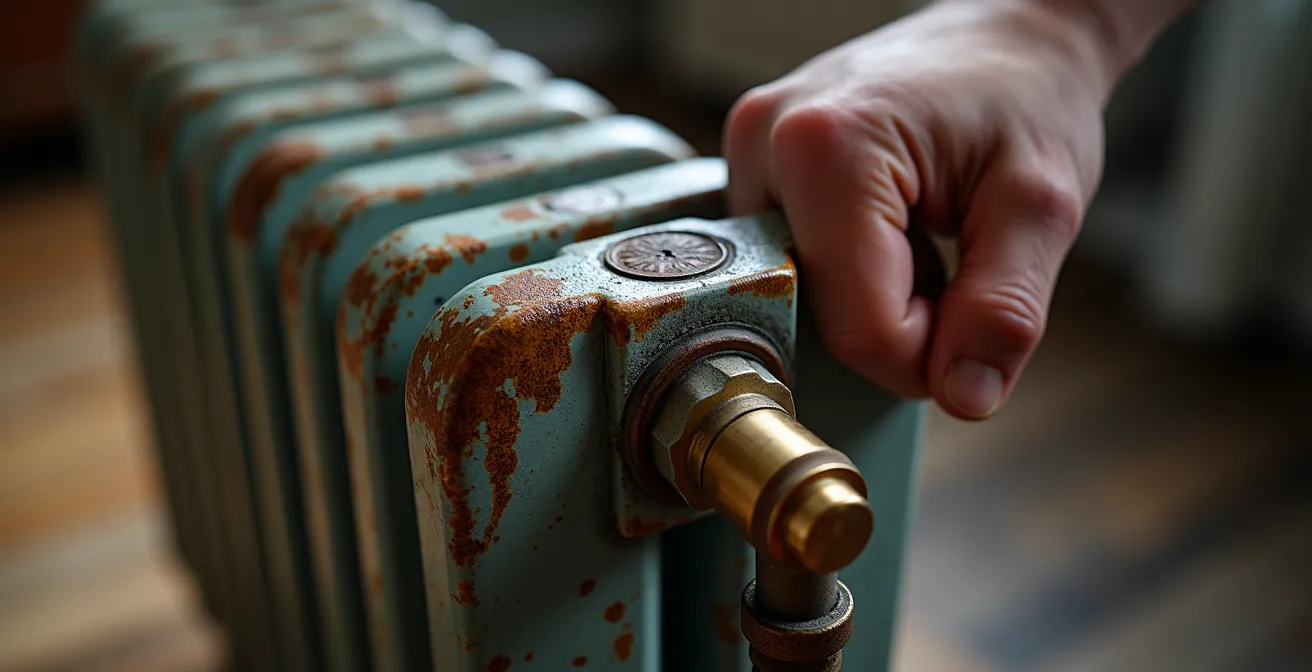Gros plan sur un radiateur en fonte avec zones de température inégales et main réglant la vanne