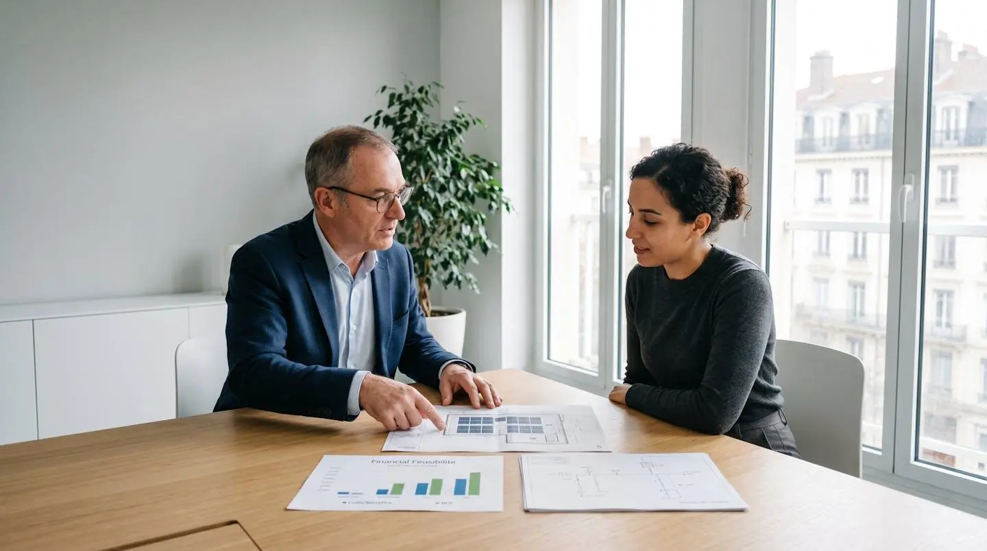Deux professionnels en réunion de travail autour d'une table, consultant ensemble des documents techniques liés à un projet photovoltaïque (plans, tableaux de rentabilité) dans un bureau contemporain sobre