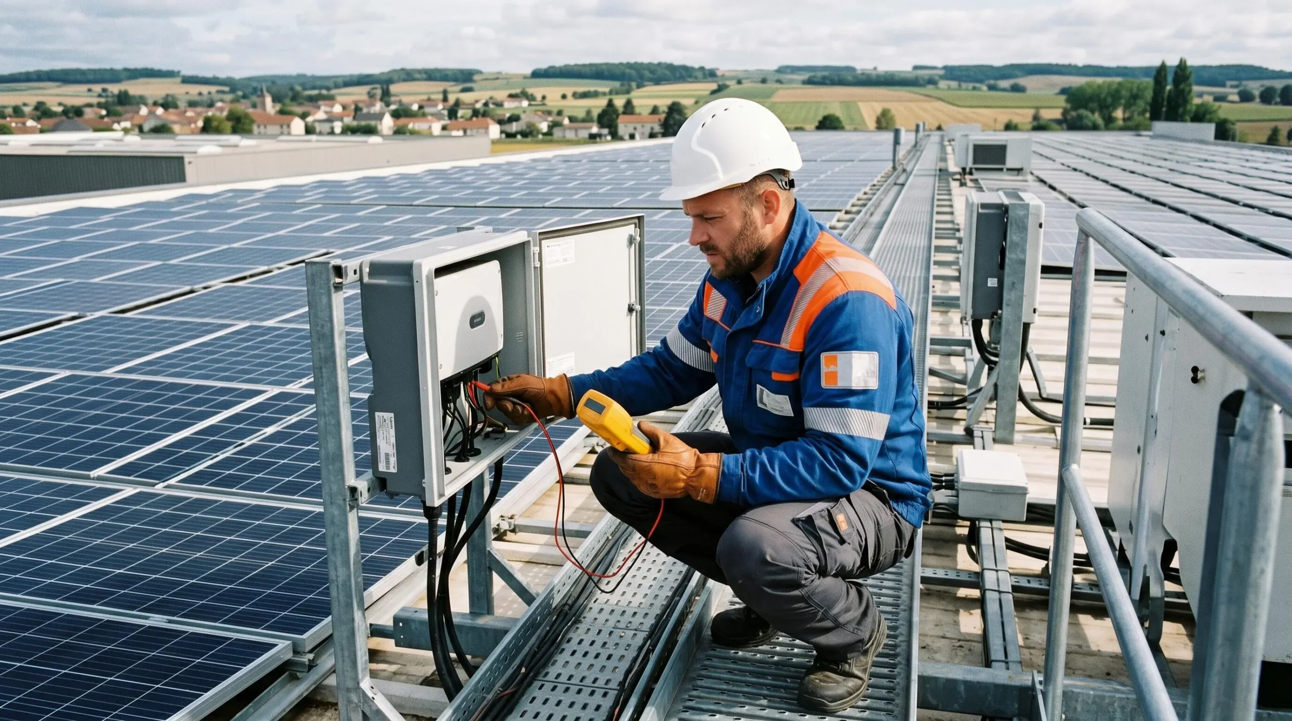 Technicien en tenue de sécurité effectuant une opération de maintenance sur une installation photovoltaïque professionnelle en toiture, avec outils métier et panneaux solaires visibles