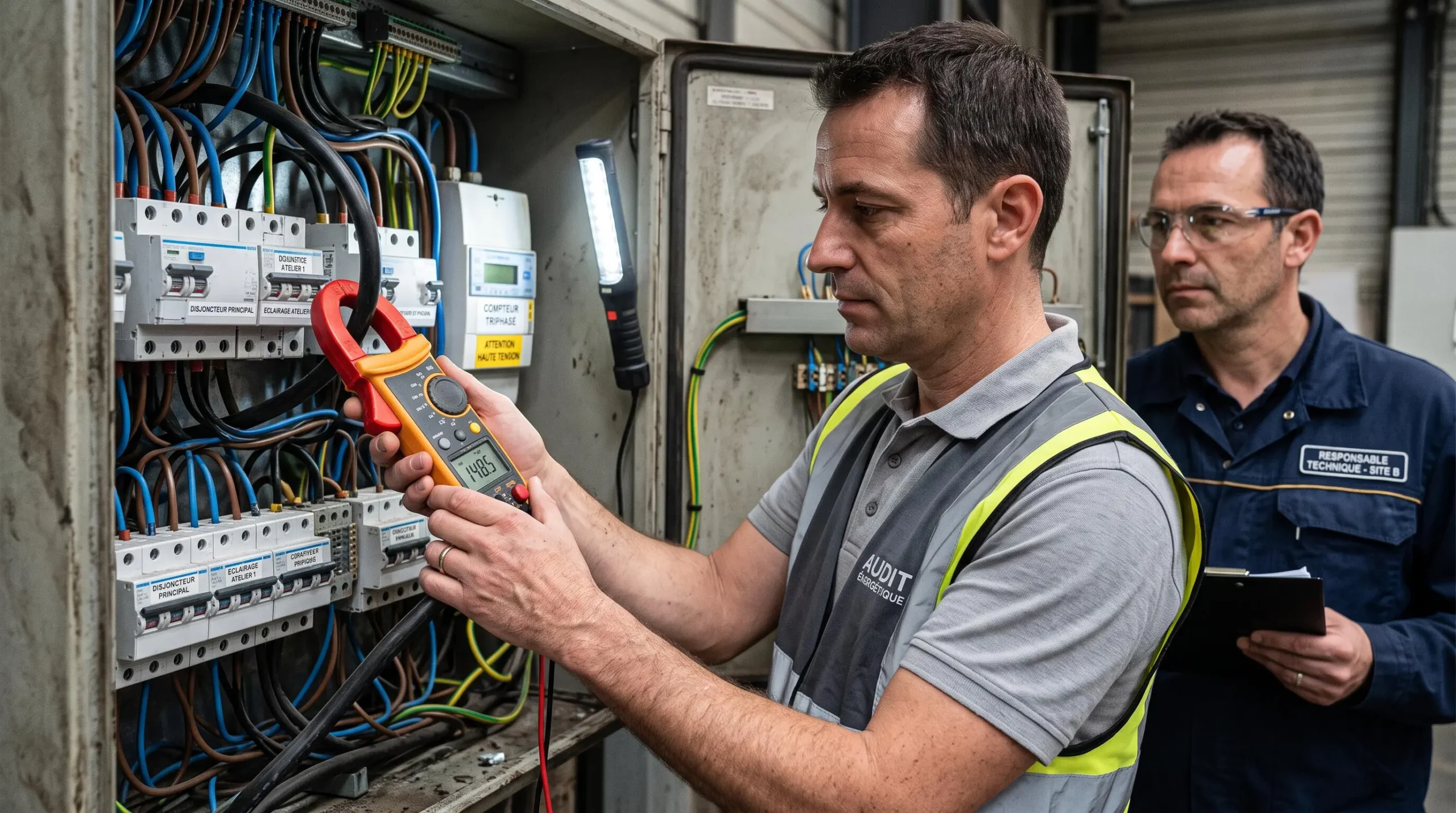 Auditeur énergétique réalisant des mesures de consommation électrique sur une installation industrielle