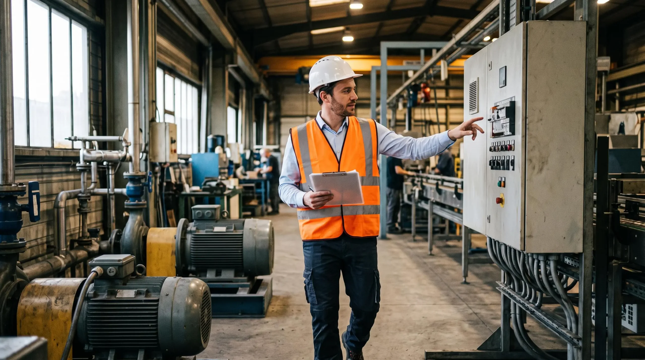 Consultant en énergie réalisant un audit technique dans une installation industrielle française