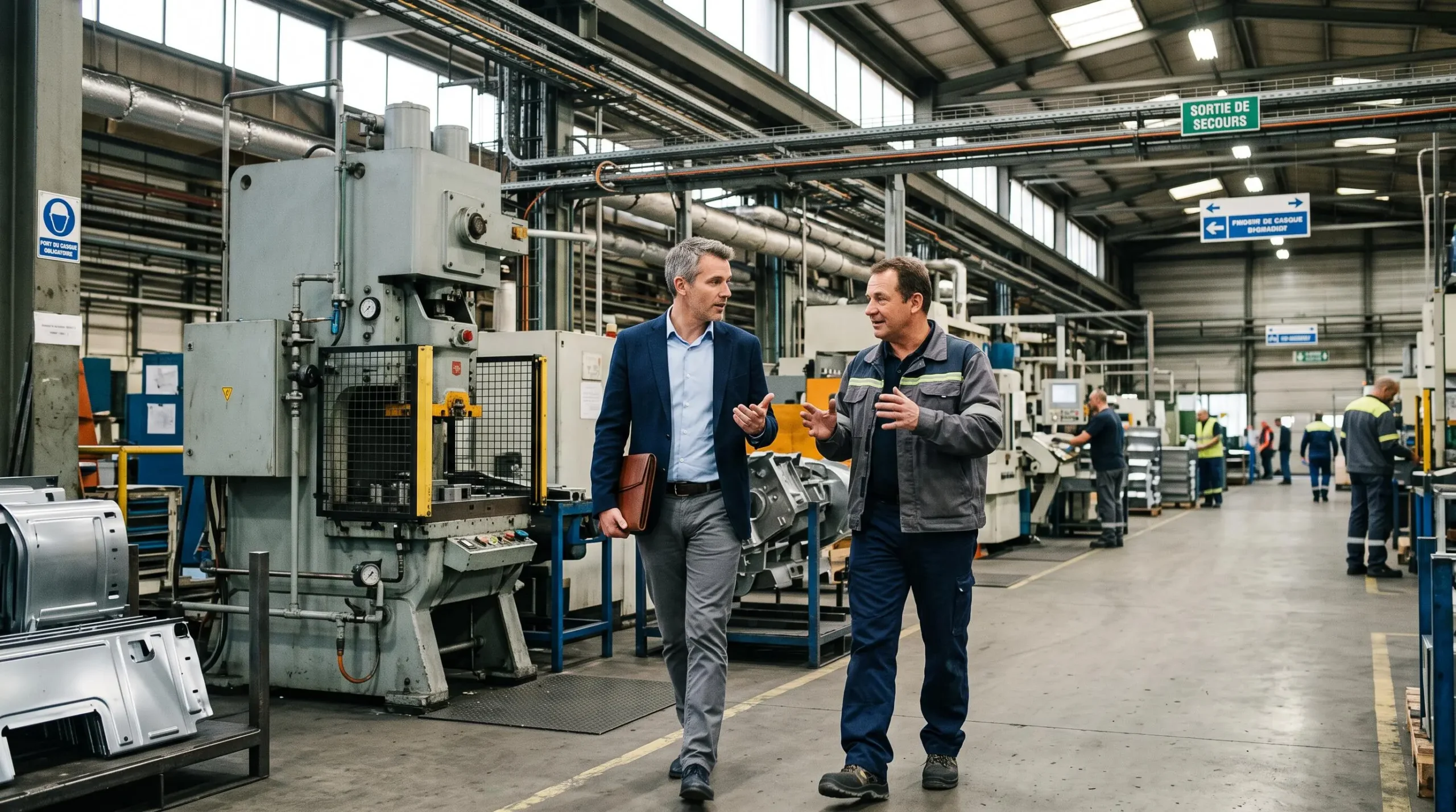 Consultant en énergie et responsable d'entreprise en discussion sur un site de production industriel