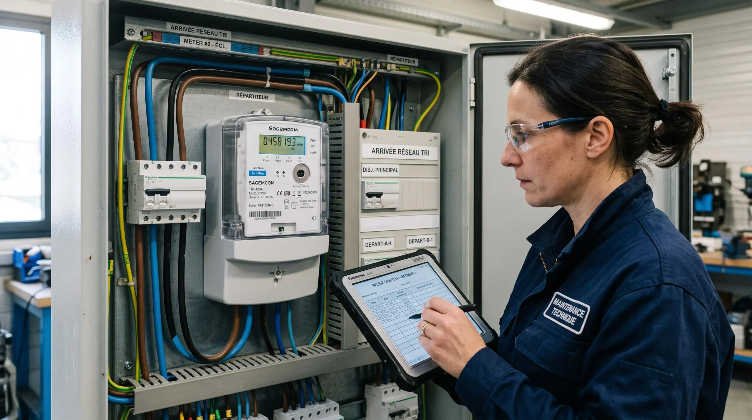 Technicien effectuant un relevé de consommation sur un compteur électrique industriel triphasé