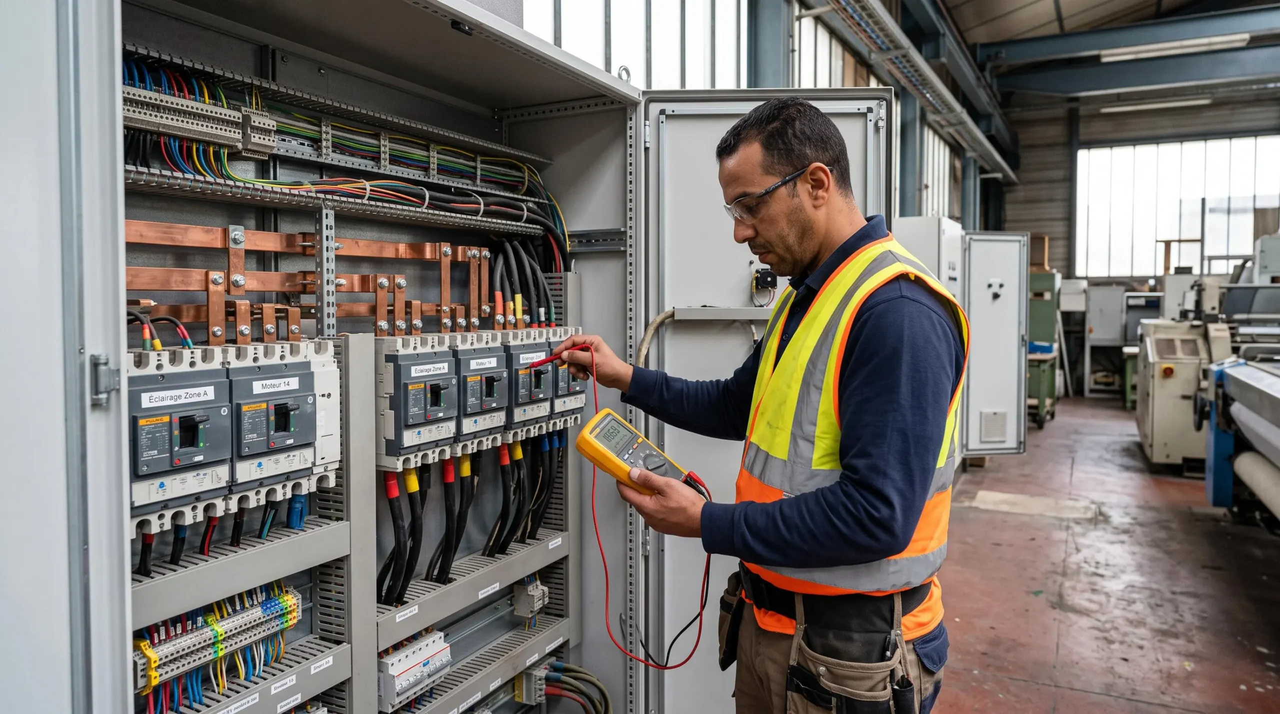 Technicien électricien inspectant un tableau de distribution électrique industriel dans une usine française